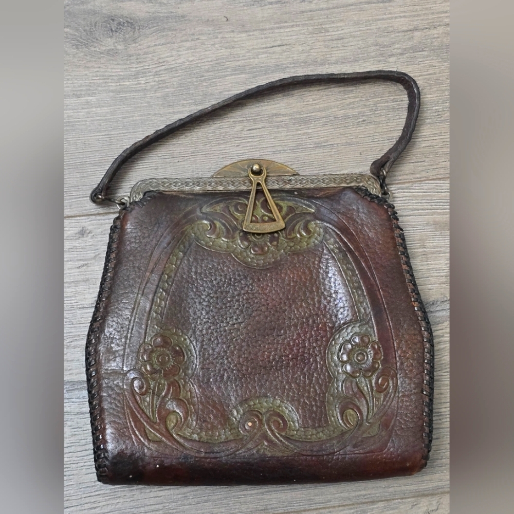 Antique Early 1900's Hand Tooled Leather Hand Bag Art Nouveau Deep Brown